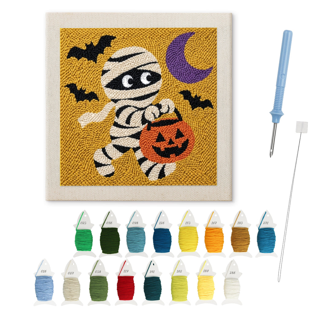 Running Mummy punch needle kit: finished canvas with threads, punch needle and threader