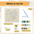 What is in the Running Mummy kit: printed canvas, punch needle, threader, threads, color guide and hangers