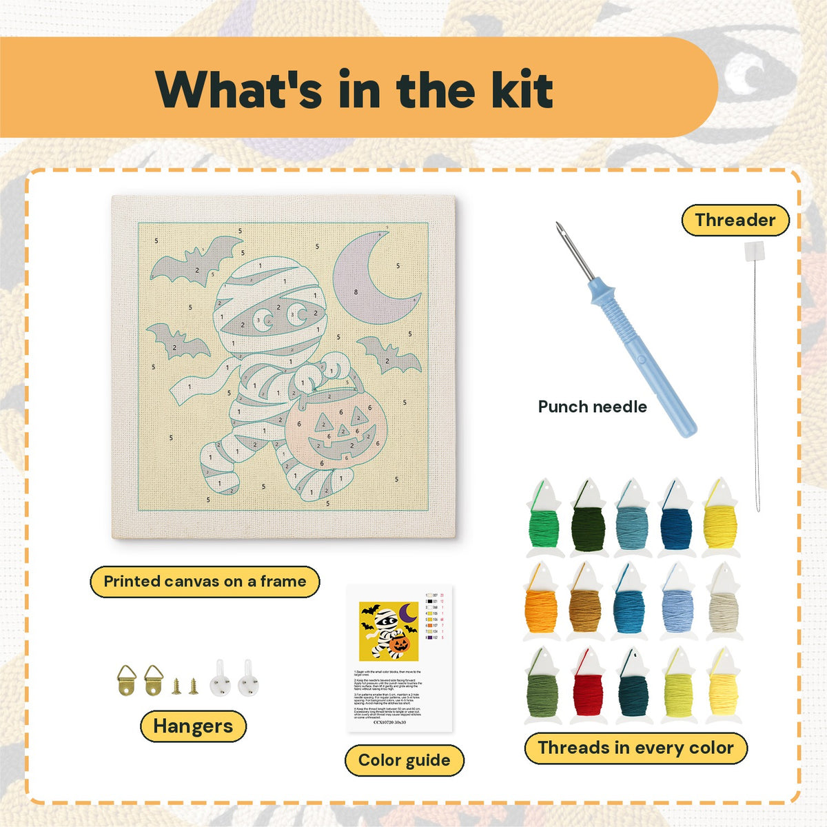 What is in the Running Mummy kit: printed canvas, punch needle, threader, threads, color guide and hangers