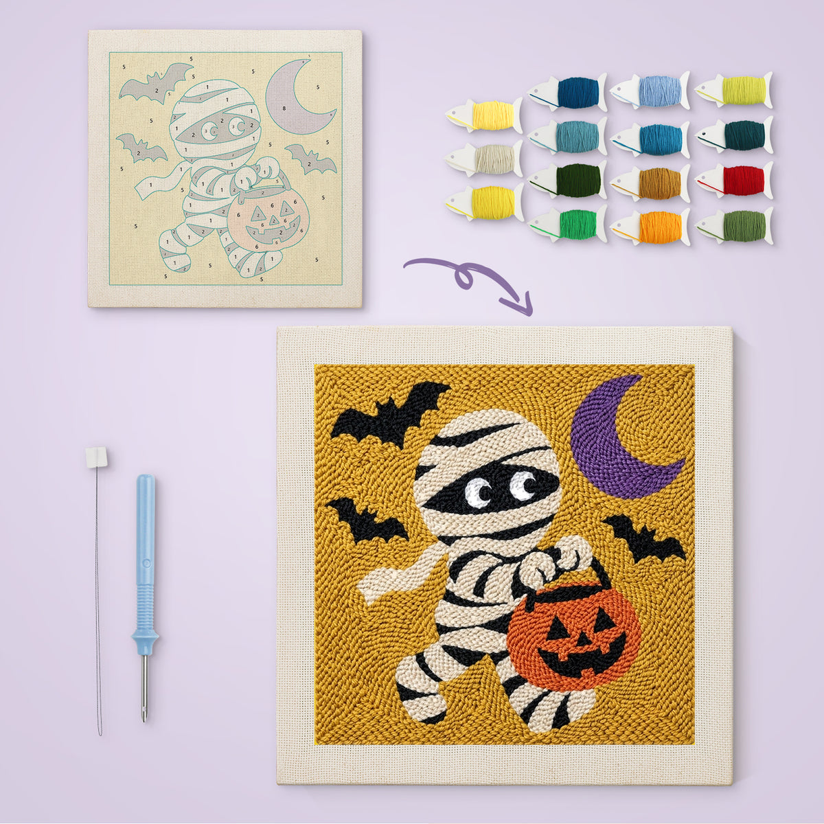 Running Mummy canvas before and after punching, with the threads and tools