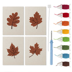 Rust Brown Leaves mini punch needle kit set: four finished canvases with threads, punch needle and threader