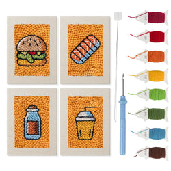 Salmon Sushi Lunch mini punch needle kit set: four finished canvases with threads, punch needle and threader