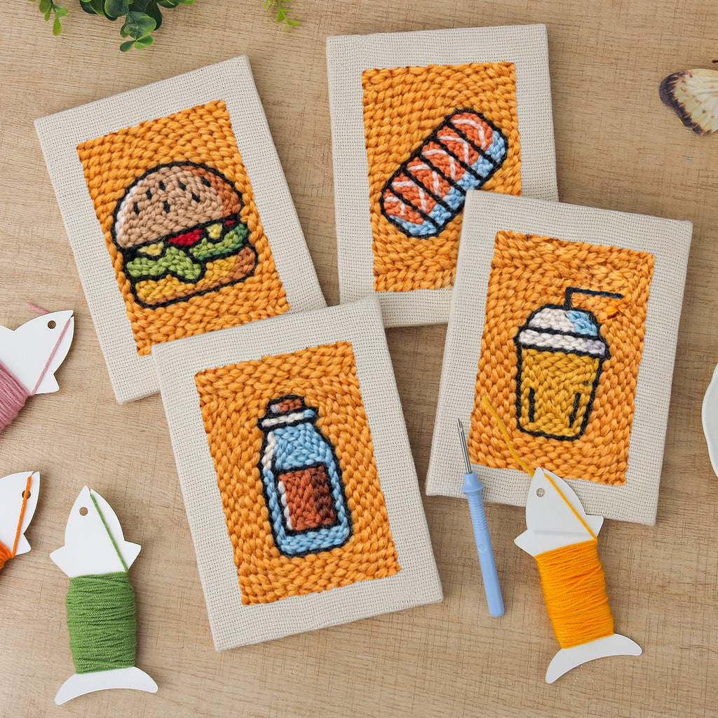 The four finished Salmon Sushi Lunch mini canvases laid out on a table