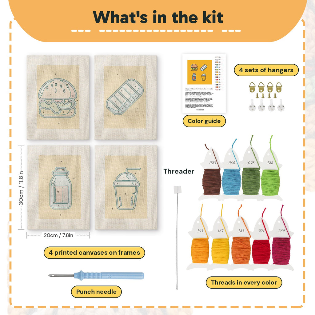 What is in the Salmon Sushi Lunch set, 8 × 12 in (20 × 30 cm) each: 4 printed canvases, punch needle, threader, threads, color guide and 4 sets of hangers