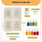 What is in the Salmon Sushi Lunch set, 8 × 12 in (20 × 30 cm) each: 4 printed canvases, punch needle, threader, threads, color guide and 4 sets of hangers