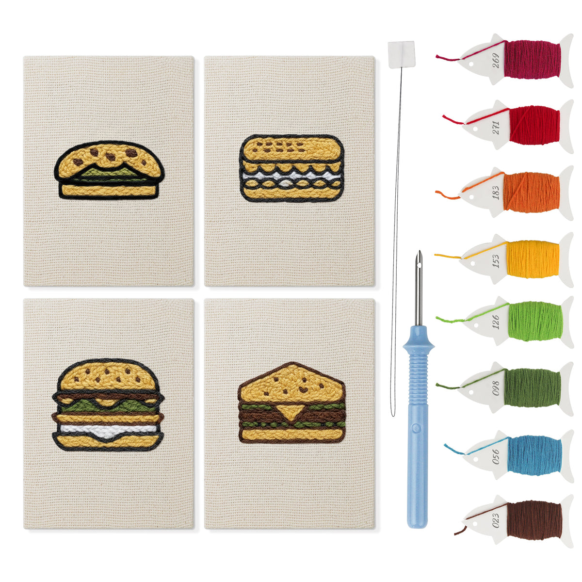 Sandwich Shop Stack mini punch needle kit set: four finished canvases with threads, punch needle and threader