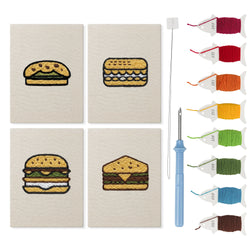 Sandwich Shop Stack mini punch needle kit set: four finished canvases with threads, punch needle and threader