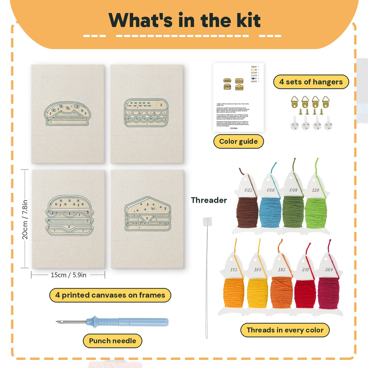 What is in the Sandwich Shop Stack set: 4 printed canvases, punch needle, threader, threads, color guide and 4 sets of hangers (6 × 8 in (15 × 20 cm) each)