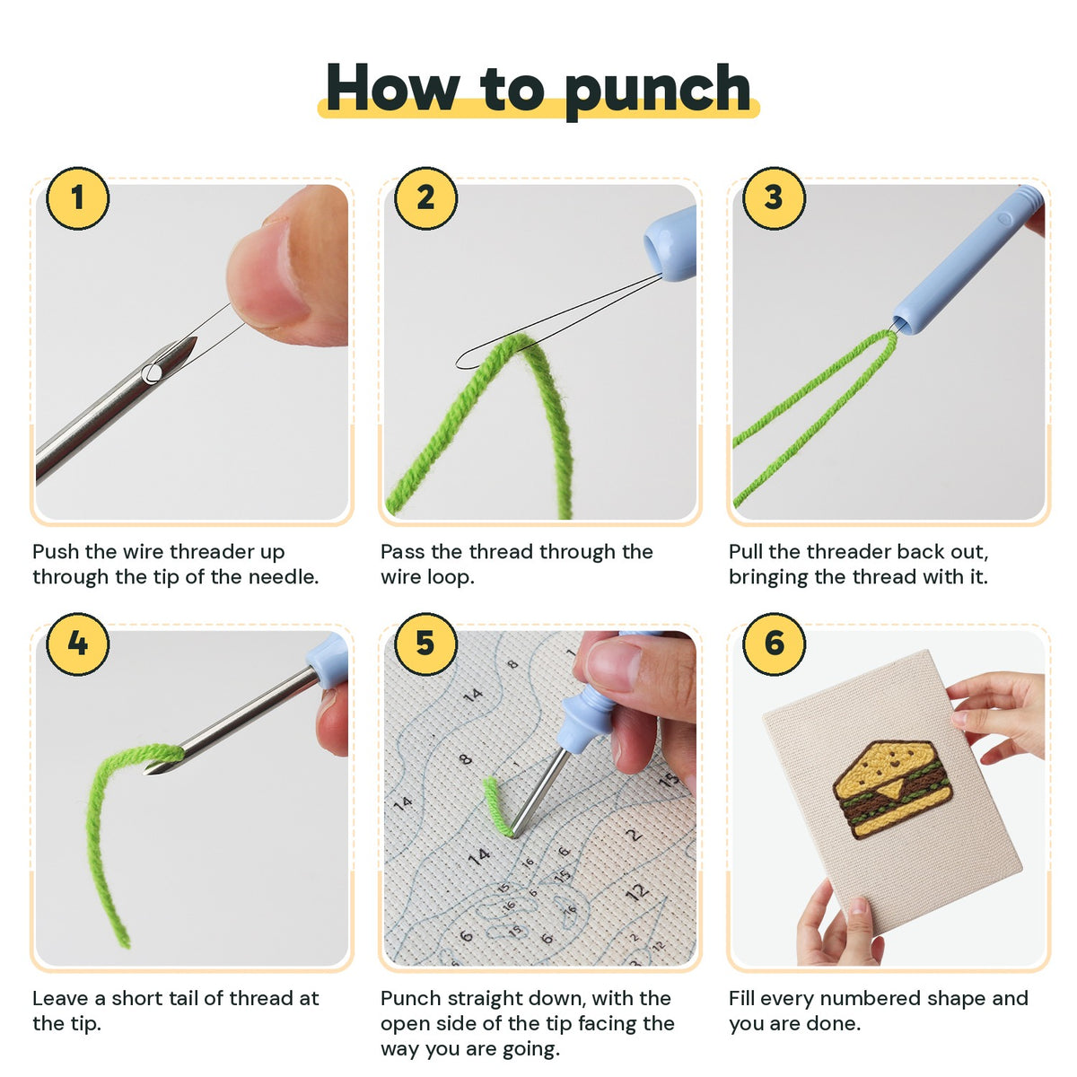 Six steps showing how to thread and use the punch needle