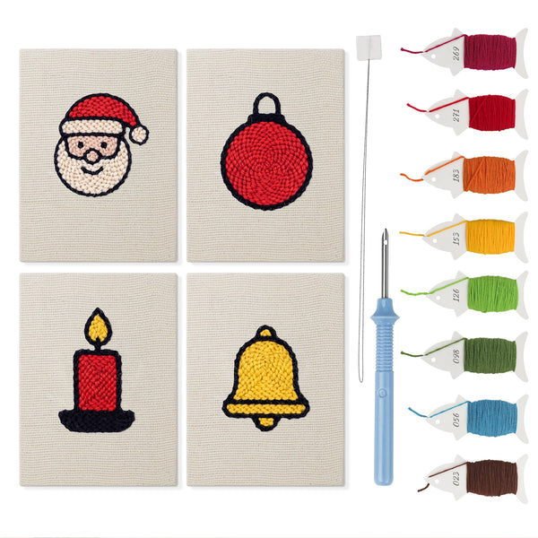 Santa and Candle mini punch needle kit set: four finished canvases with threads, punch needle and threader