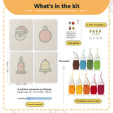 What is in the Santa and Candle set: 4 printed canvases, punch needle, threader, threads, color guide and 4 sets of hangers (6 × 8 in (15 × 20 cm) each)