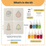 What is in the Santa and Candle set, 8 × 12 in (20 × 30 cm) each: 4 printed canvases, punch needle, threader, threads, color guide and 4 sets of hangers