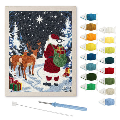 Santa and Reindeer punch needle kit: finished canvas with threads, punch needle and threader