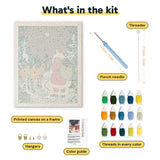 What is in the Santa and Reindeer kit: printed canvas, punch needle, threader, threads, color guide and hangers