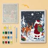 Santa and Reindeer canvas before and after punching, with the threads and tools