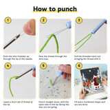 Six steps showing how to thread and use the punch needle