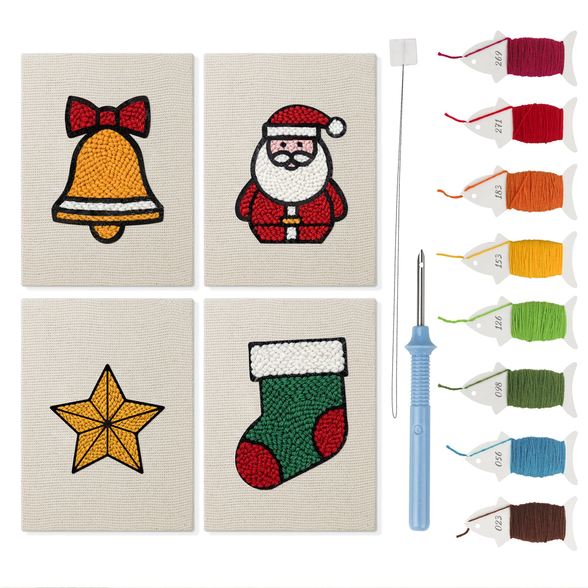 Santa and Stocking mini punch needle kit set: four finished canvases with threads, punch needle and threader