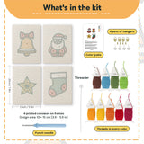 What is in the Santa and Stocking set: 4 printed canvases, punch needle, threader, threads, color guide and 4 sets of hangers (6 × 8 in (15 × 20 cm) each)