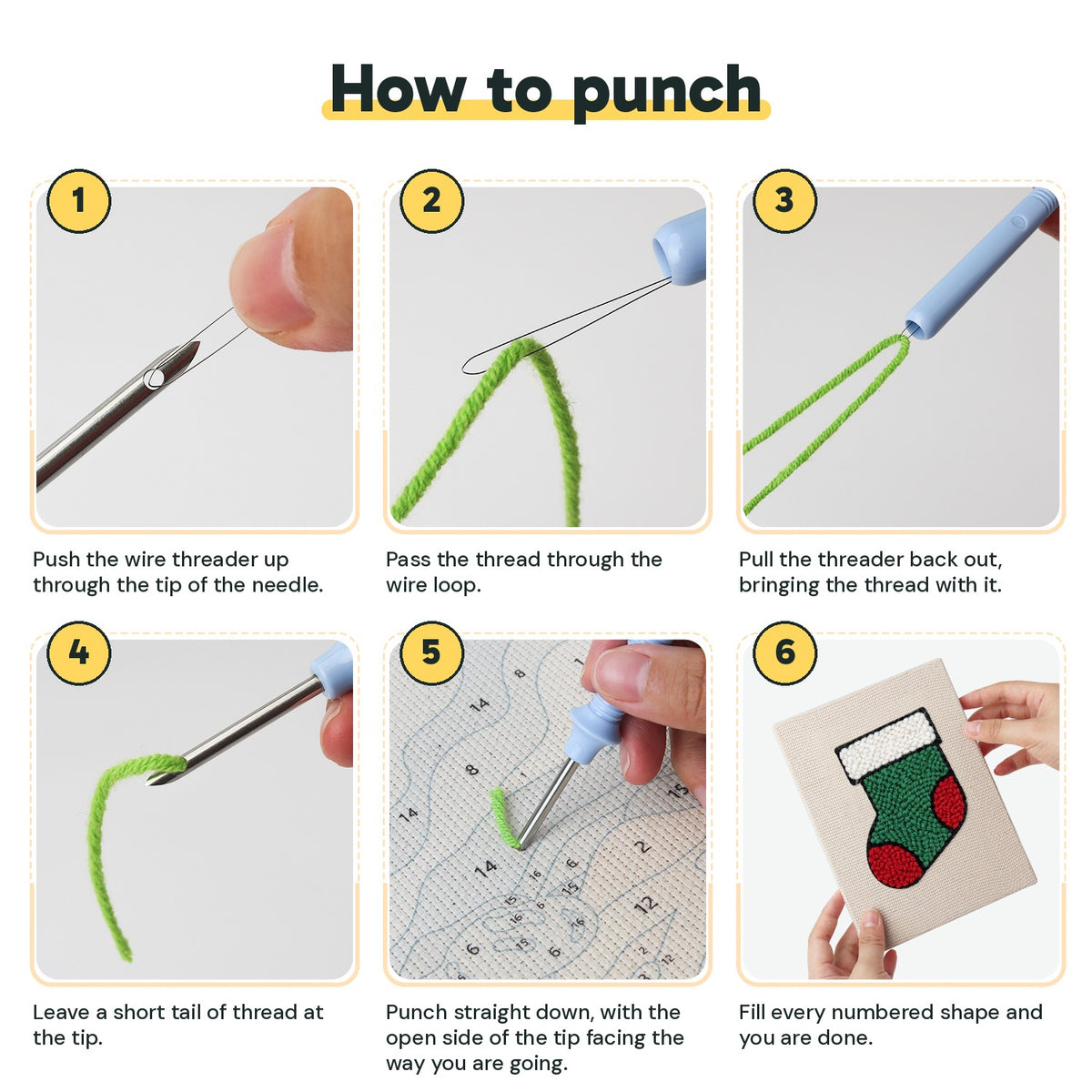 Six steps showing how to thread and use the punch needle