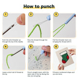 Six steps showing how to thread and use the punch needle