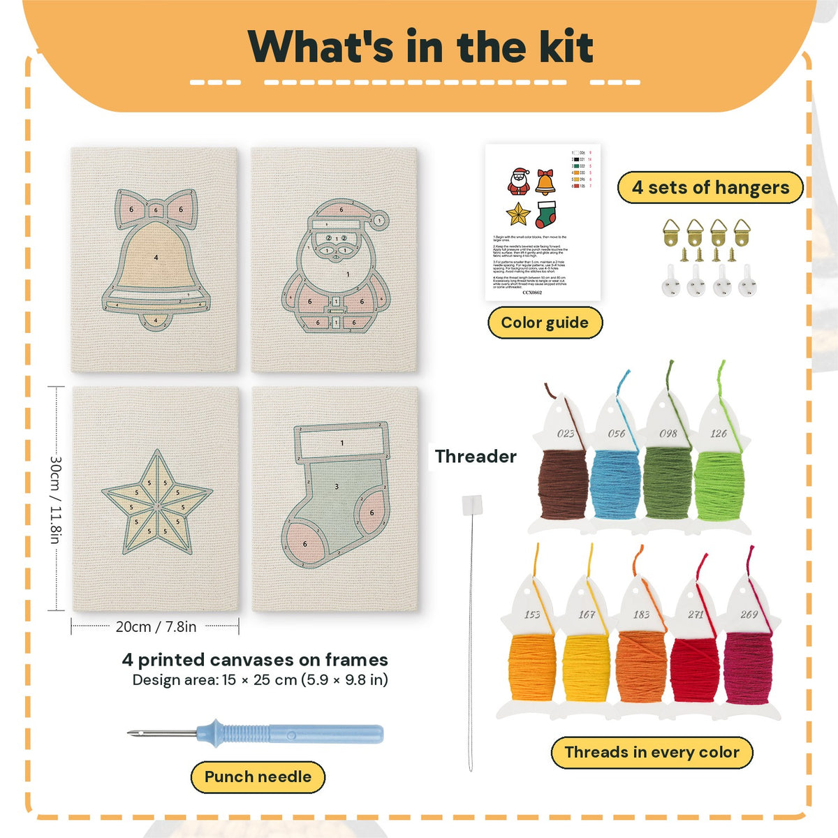 What is in the Santa and Stocking set, 8 × 12 in (20 × 30 cm) each: 4 printed canvases, punch needle, threader, threads, color guide and 4 sets of hangers