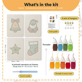 What is in the Santa and Stocking set, 8 × 12 in (20 × 30 cm) each: 4 printed canvases, punch needle, threader, threads, color guide and 4 sets of hangers