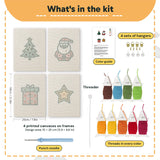 What is in the Santa and Tree set, 8 × 12 in (20 × 30 cm) each: 4 printed canvases, punch needle, threader, threads, color guide and 4 sets of hangers