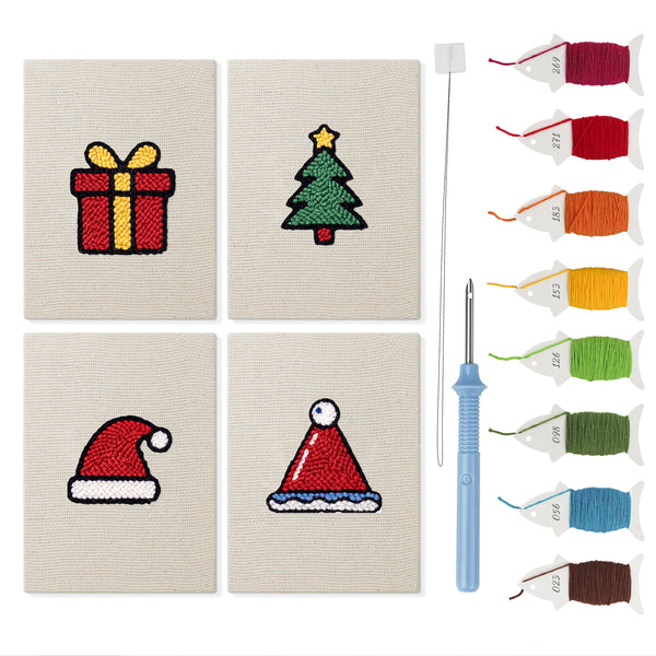 Santa Hat Pair mini punch needle kit set: four finished canvases with threads, punch needle and threader
