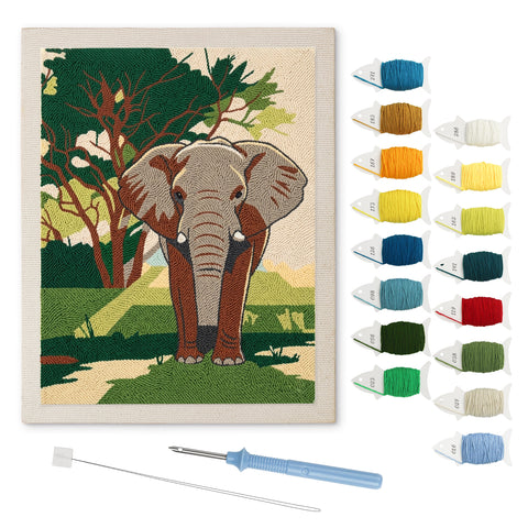 Savanna Elephant punch needle kit: finished canvas with threads, punch needle and threader