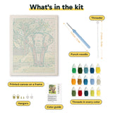 What is in the Savanna Elephant kit: printed canvas, punch needle, threader, threads, color guide and hangers
