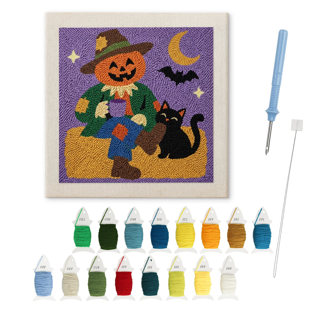 Scarecrow and Cat punch needle kit: finished canvas with threads, punch needle and threader