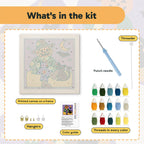 What is in the Scarecrow and Cat kit: printed canvas, punch needle, threader, threads, color guide and hangers