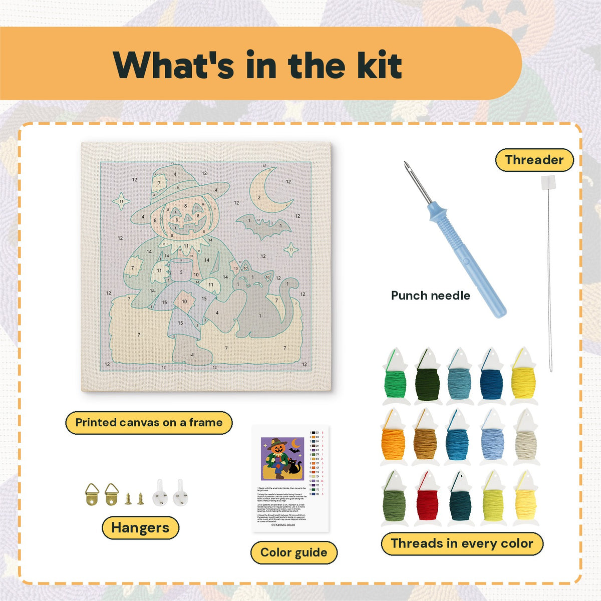 What is in the Scarecrow and Cat kit: printed canvas, punch needle, threader, threads, color guide and hangers