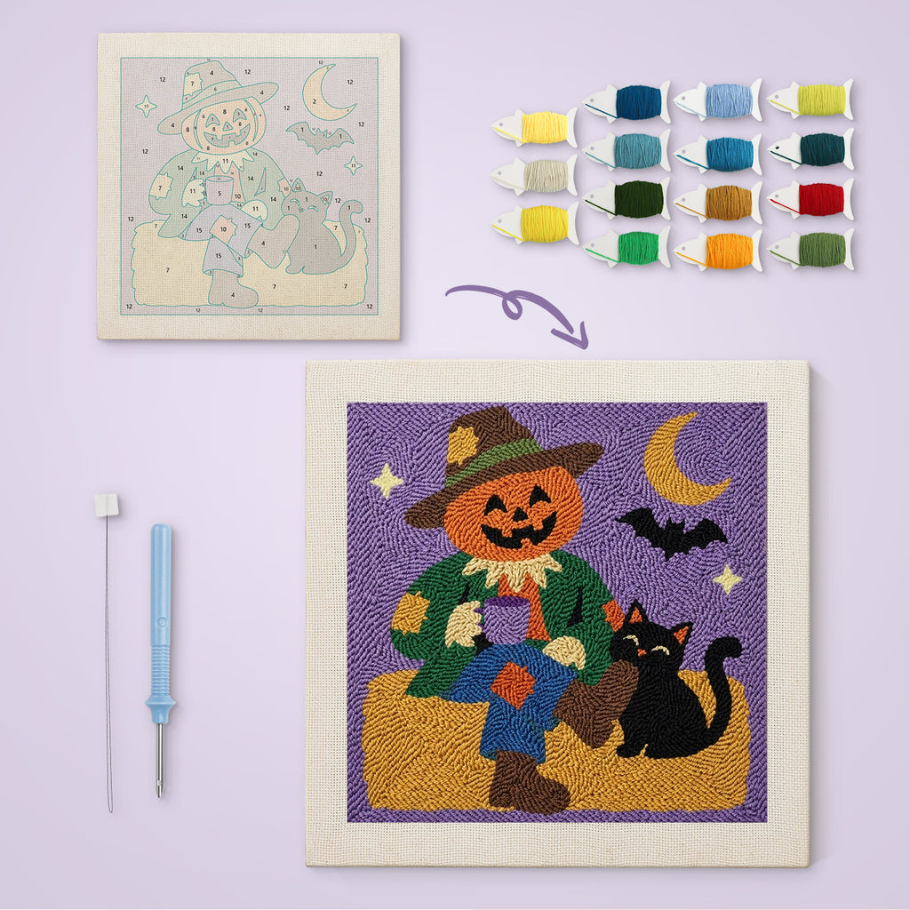 Scarecrow and Cat canvas before and after punching, with the threads and tools