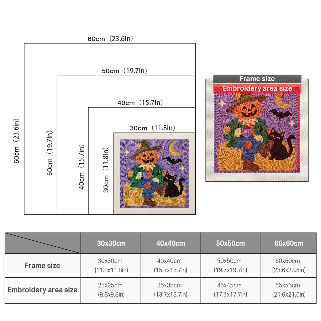 Size chart for square punch needle kits from 30 x 30 cm to 60 x 60 cm