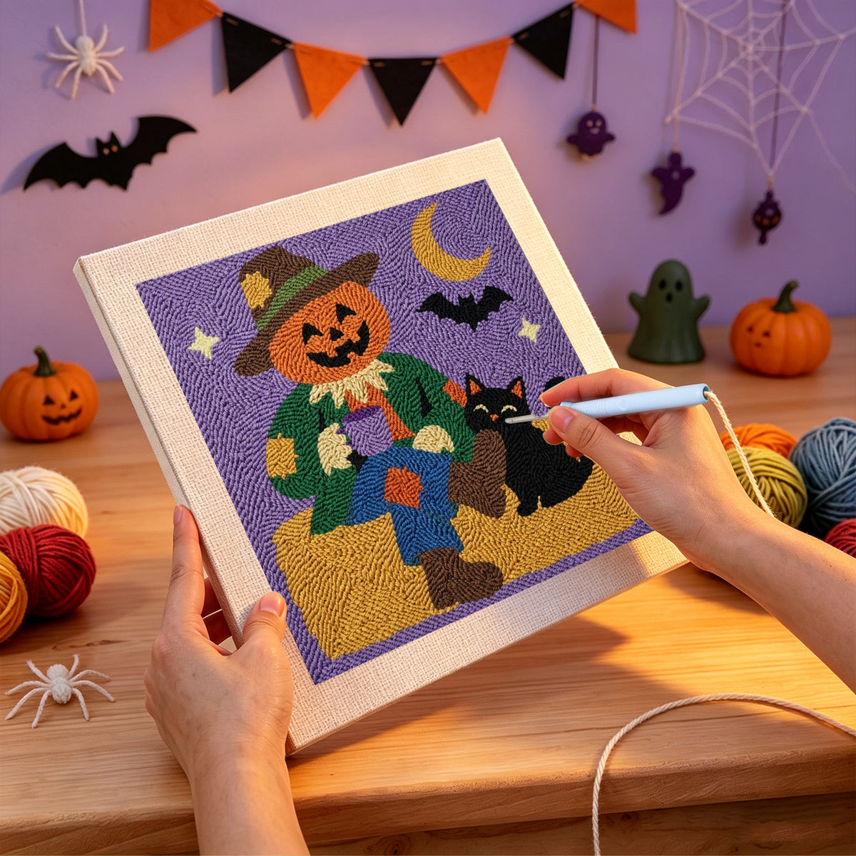 Punching the Scarecrow and Cat design with the punch needle