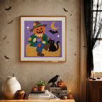 Finished Scarecrow and Cat punch needle canvas on a wall