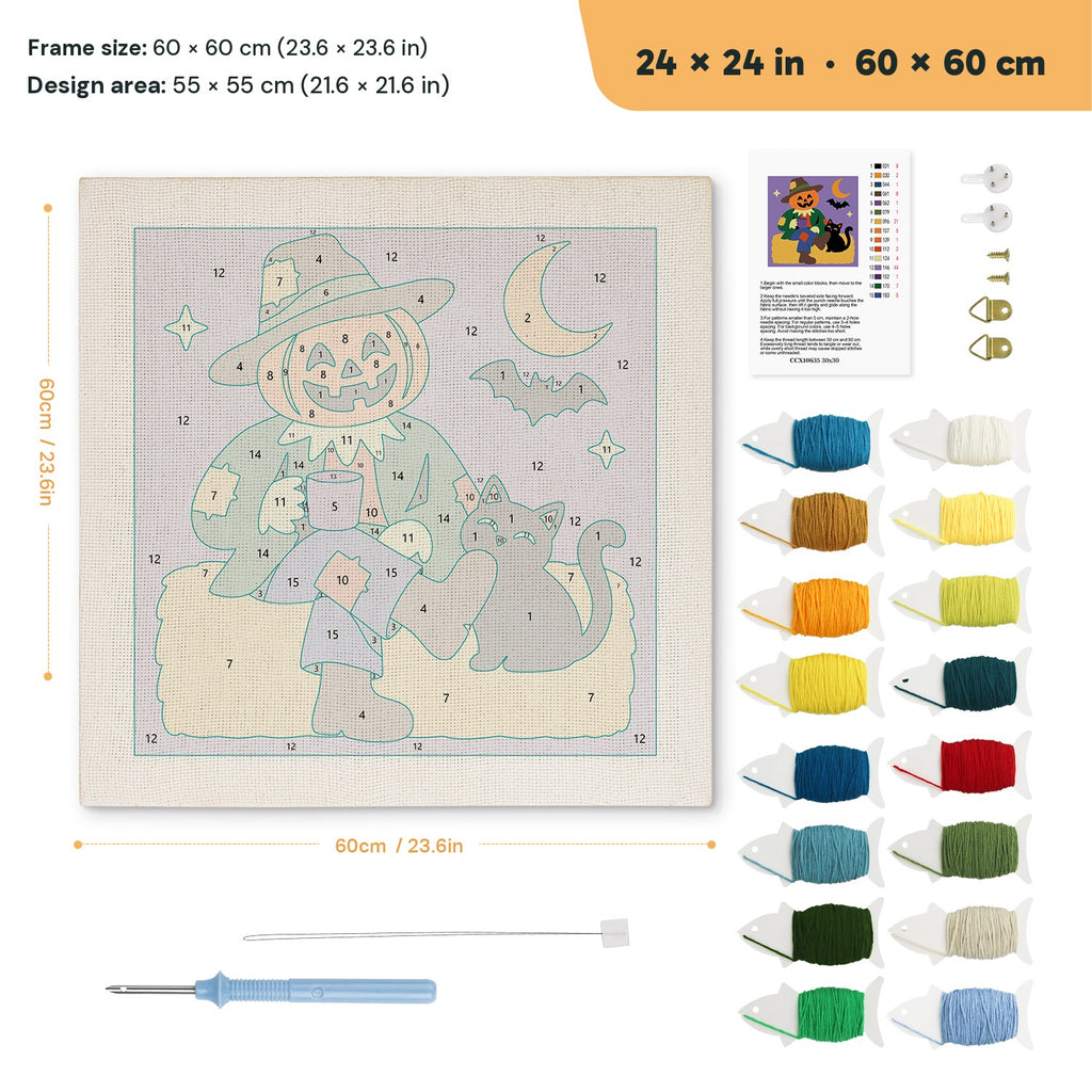 Scarecrow and Cat punch needle kit, 24 × 24 in (60 × 60 cm): canvas size and kit contents