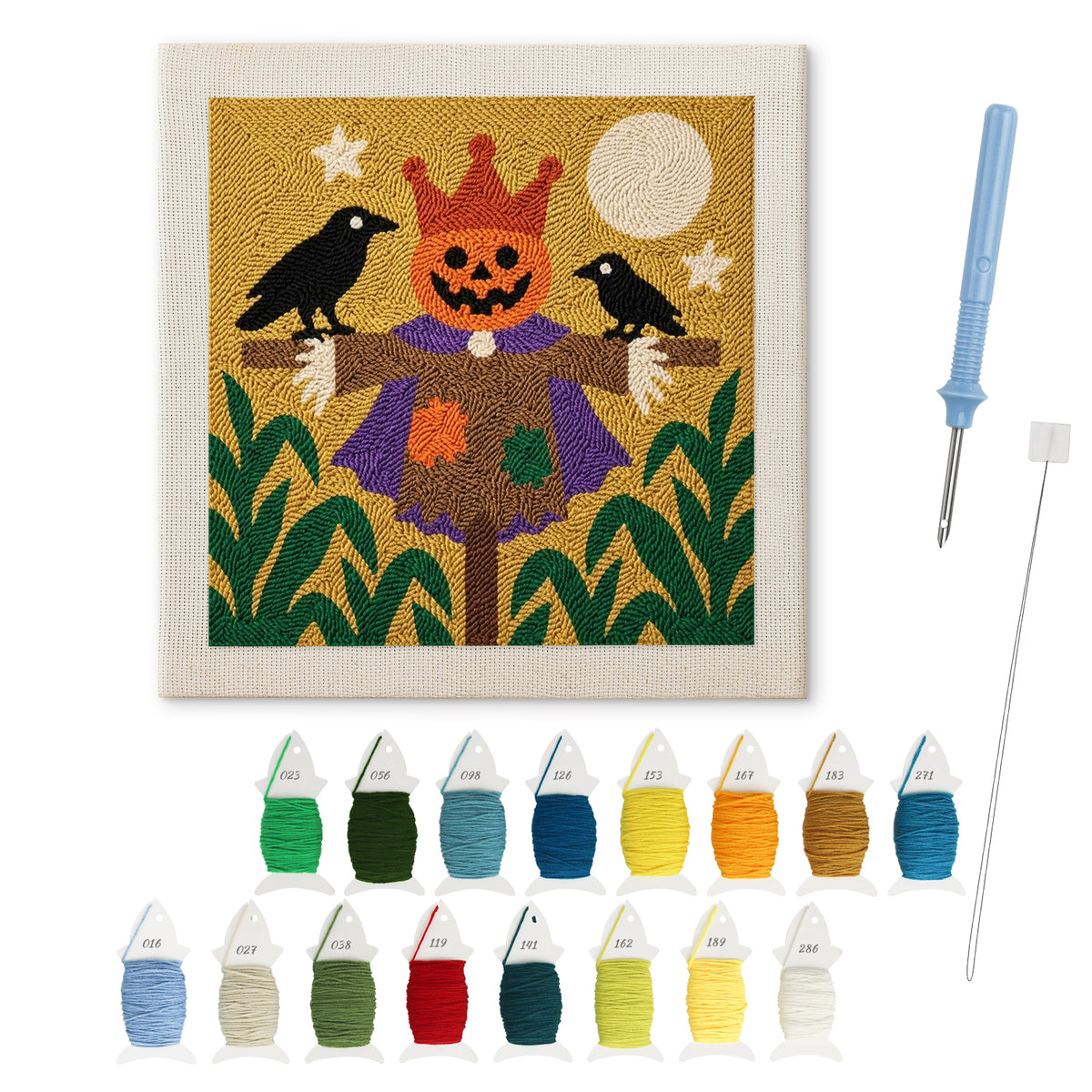 Scarecrow King punch needle kit: finished canvas with threads, punch needle and threader