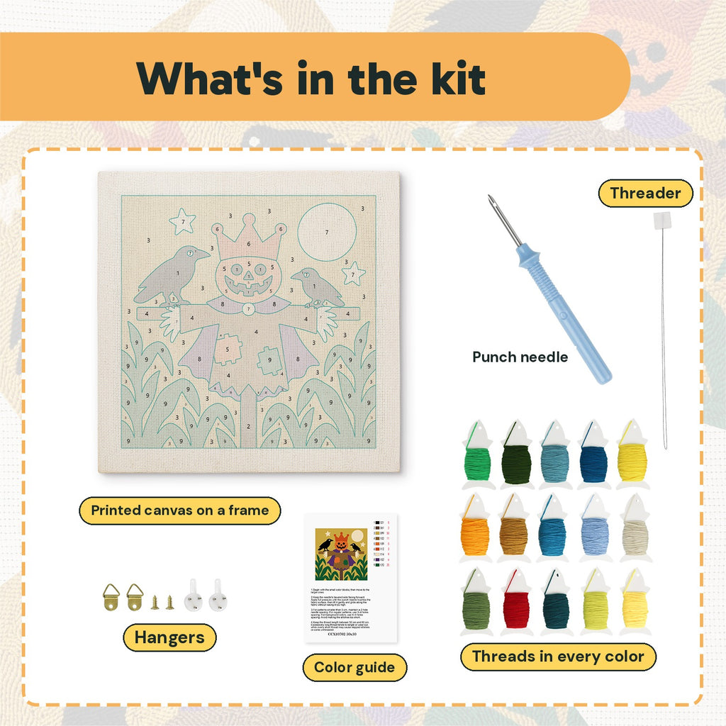 What is in the Scarecrow King kit: printed canvas, punch needle, threader, threads, color guide and hangers