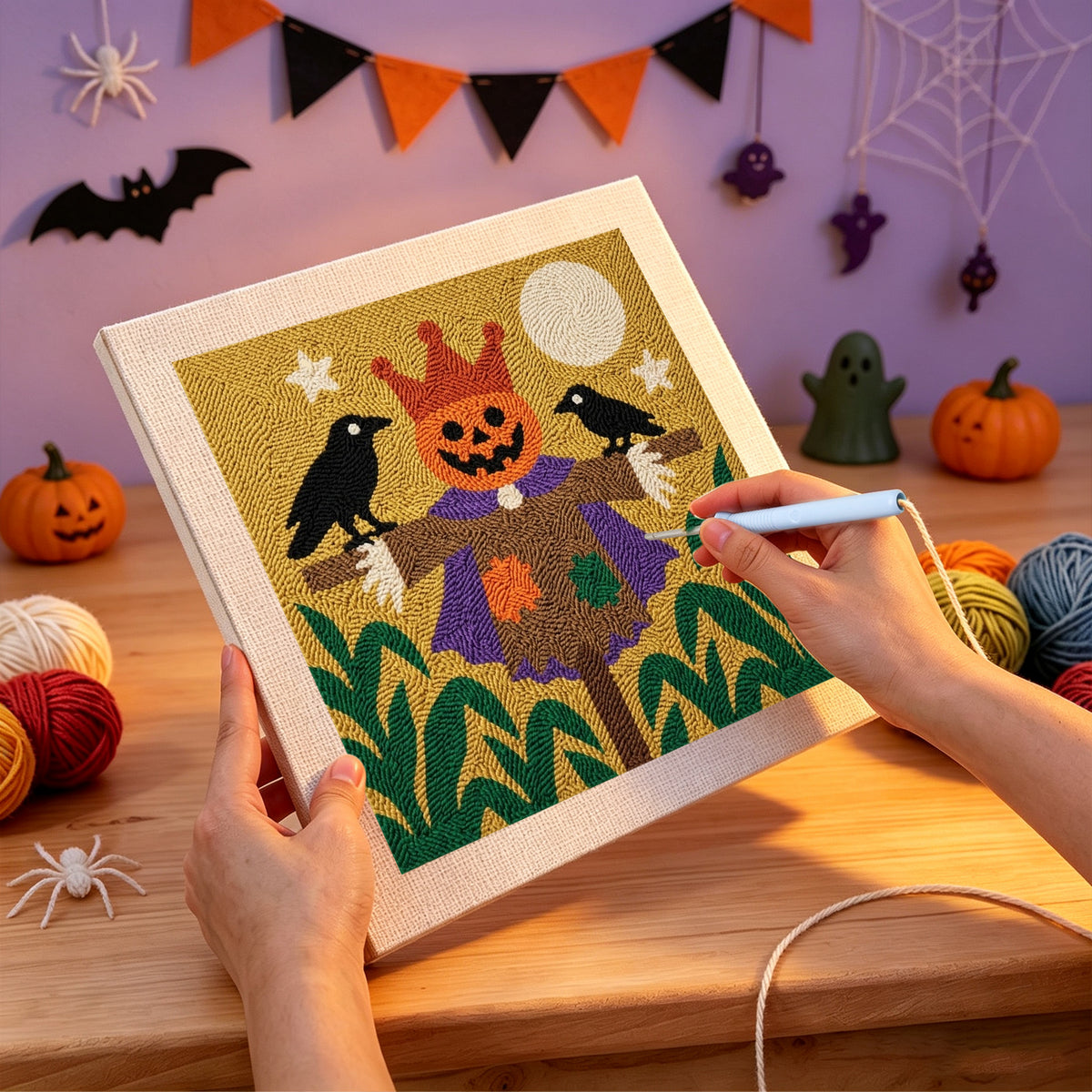 Punching the Scarecrow King design with the punch needle