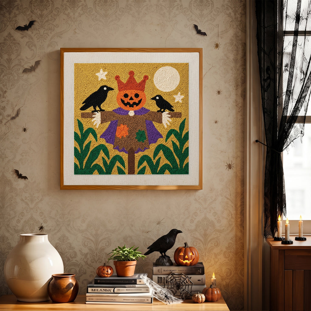 Finished Scarecrow King punch needle canvas on a wall
