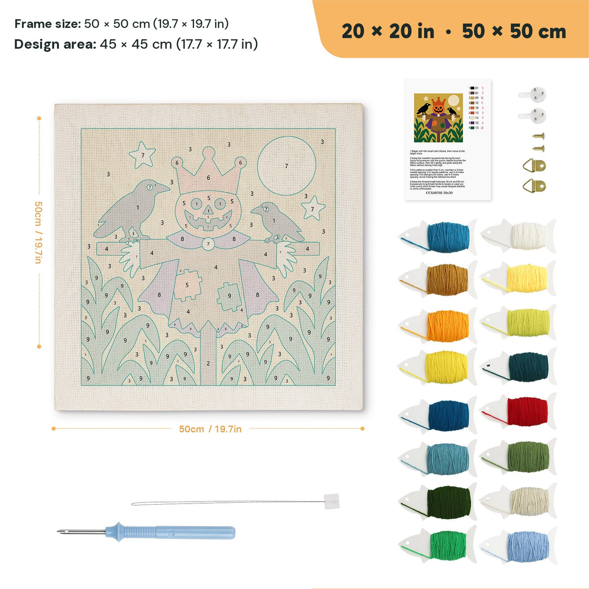 Scarecrow King punch needle kit, 20 × 20 in (50 × 50 cm): canvas size and kit contents