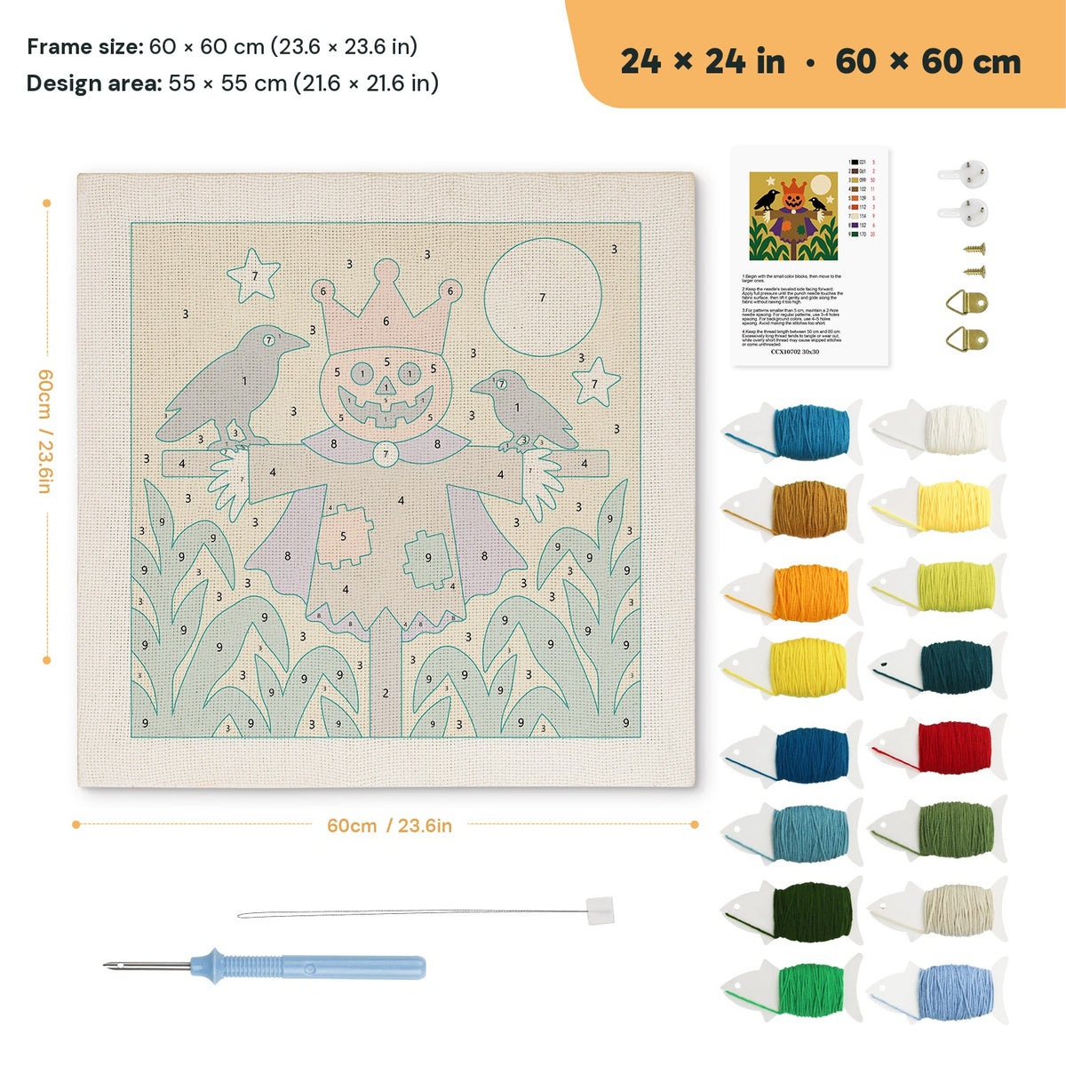 Scarecrow King punch needle kit, 24 × 24 in (60 × 60 cm): canvas size and kit contents
