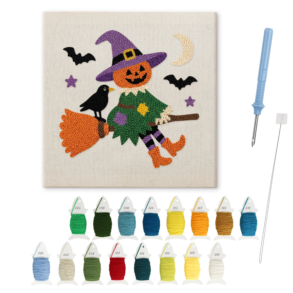 Scarecrow on a Broom punch needle kit: finished canvas with threads, punch needle and threader