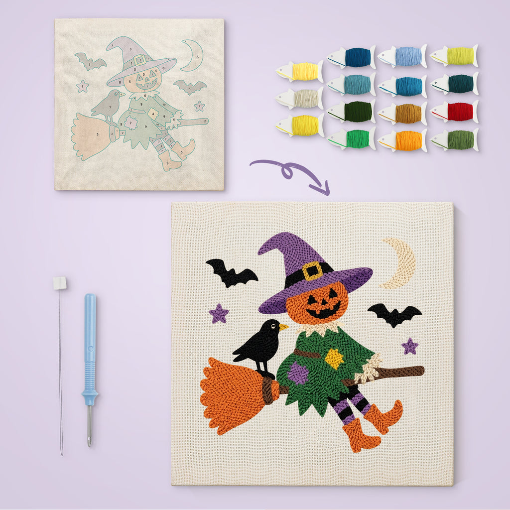 Scarecrow on a Broom canvas before and after punching, with the threads and tools