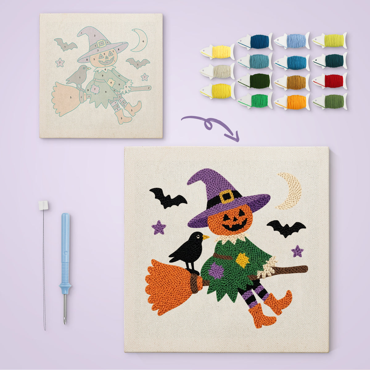 Scarecrow on a Broom canvas before and after punching, with the threads and tools