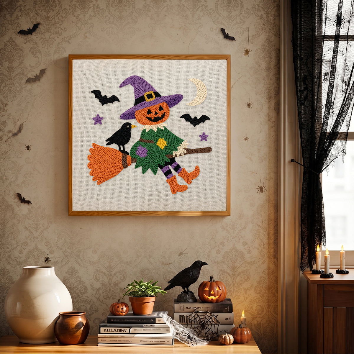 Finished Scarecrow on a Broom punch needle canvas on a wall