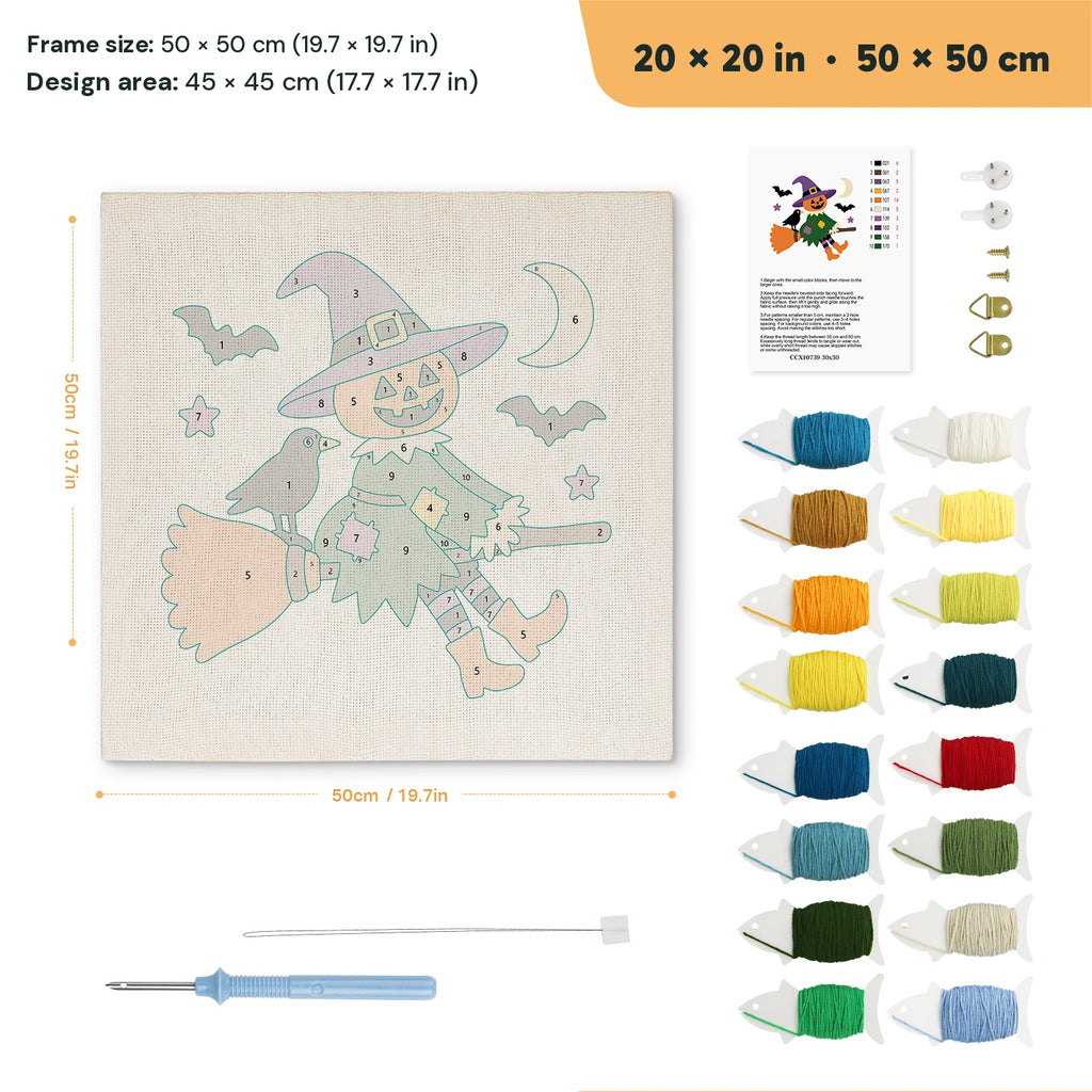 Scarecrow on a Broom punch needle kit, 20 × 20 in (50 × 50 cm): canvas size and kit contents