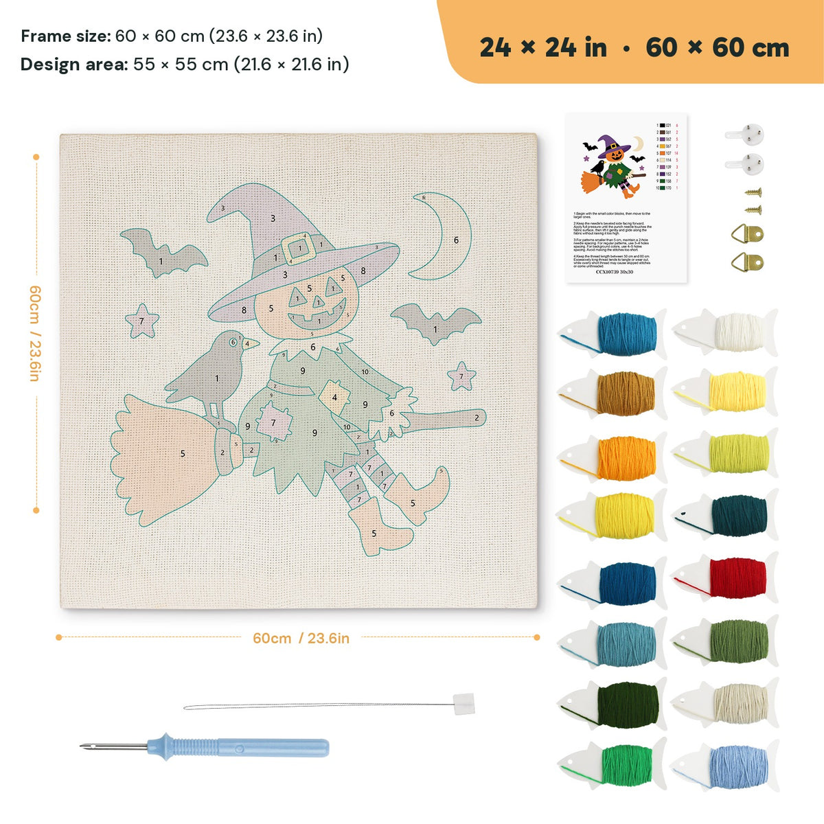 Scarecrow on a Broom punch needle kit, 24 × 24 in (60 × 60 cm): canvas size and kit contents